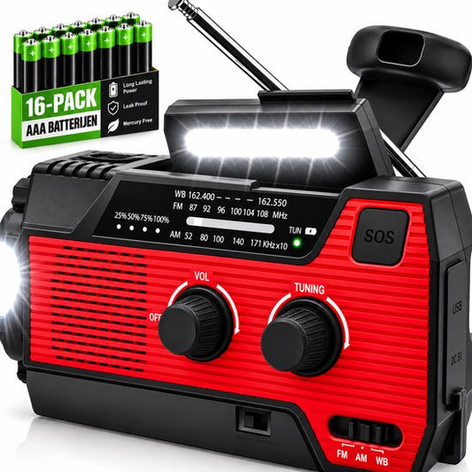 6-in-1 SOS Noodradio - Werkt op Penlite Batterijen - Inclusief 16 pack AAA -Opwindbaar + Zonne-energie – Bouwradio – Model 2025 – USB C + Noodradio – 4000mAh Ingebouwde Accu – Solar – FM/AM – Rood – NIEUW!