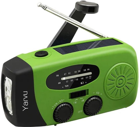 Yarvu ® – 6 IN 1 Noodradio – Opwindbaar + Zonneenergie + Nood Radio Op ingebouwde Batterijen ( Accu ) – Groothandel - Noodpakket Solar – Voor Rampen – Draagbare – FM AM Groen – NIEUW!