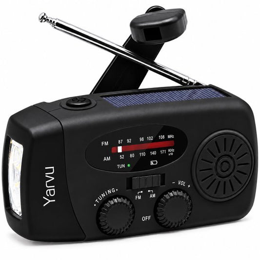 Yarvu ® – 6 IN 1 Noodradio – Opwindbaar + Zonneenergie + Nood Radio Noodpakket Op ingebouwde Batterijen ( Accu ) – Solar – Voor Rampen – Draagbare – FM AM Zwart - Groothandel  – NIEUW!
