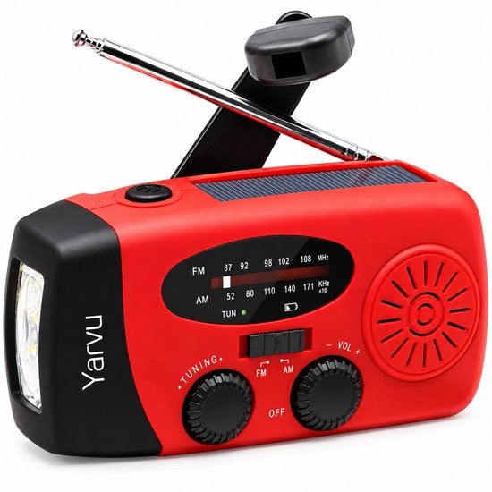 Yarvu ® Noodradio Solar Opwindbaar + LED Hoofdlamp op Batterijen - Noodpakket - 2000mAh - Powerbank - LED Zaklamp - Op Accu - Aanzwengelen - FM AM Radio - Zonne Energie - SOS Sirene - Rood