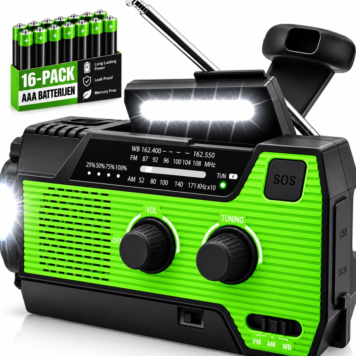 6-in-1 SOS Noodradio - Werkt op Penlite Batterijen - Inclusief 16 pack AAA -Opwindbaar + Zonne-energie – Bouwradio – Model 2025 – USB C + Noodradio – 4000mAh Ingebouwde Accu – Solar – FM/AM – Groen - NIEUW!