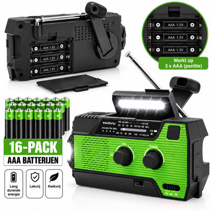 6-in-1 SOS Noodradio - Werkt op Penlite Batterijen - Inclusief 16 pack AAA -Opwindbaar + Zonne-energie – Bouwradio – Model 2025 – USB C + Noodradio – 4000mAh Ingebouwde Accu – Solar – FM/AM – Groen - NIEUW!