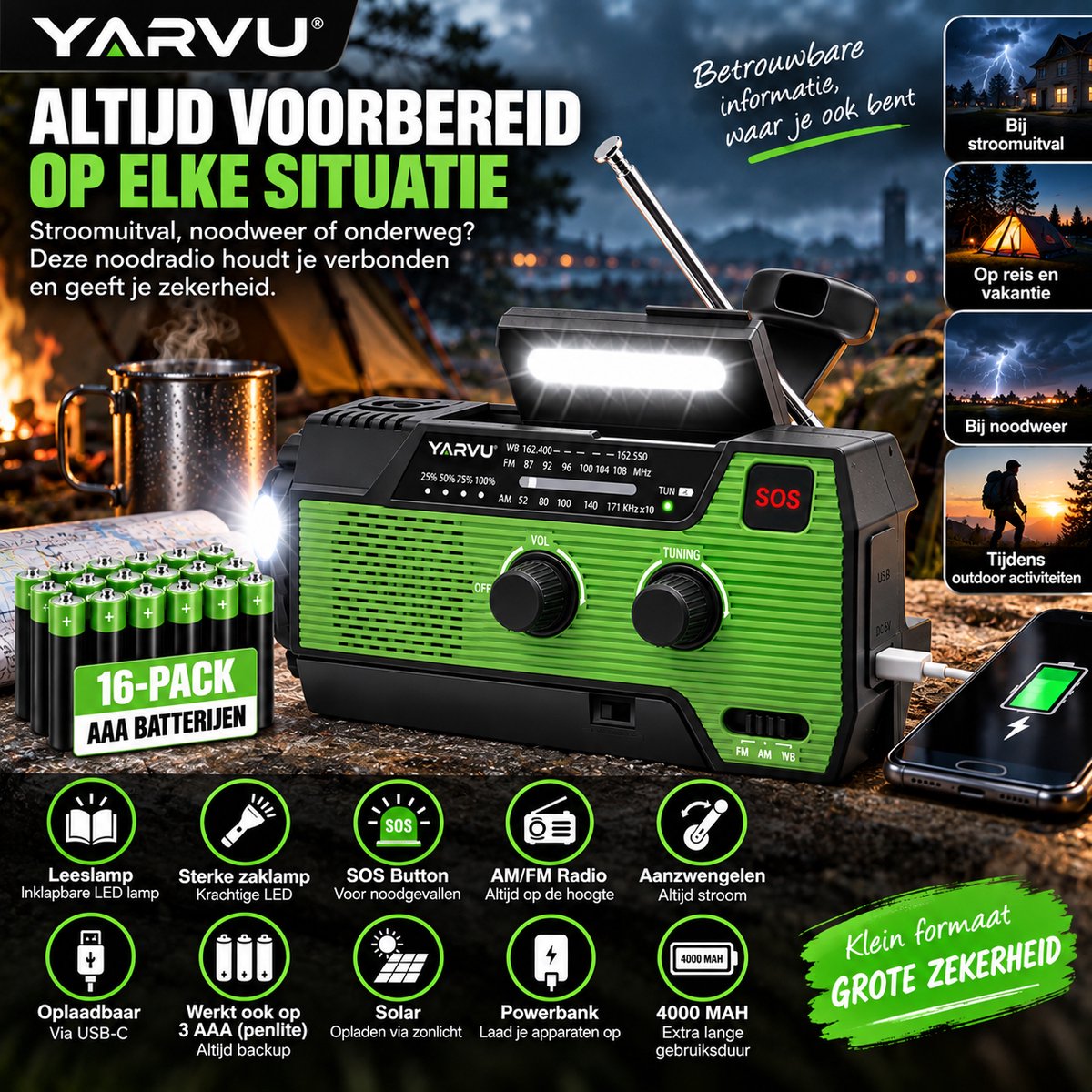 6-in-1 SOS Noodradio - Werkt op Penlite Batterijen - Inclusief 16 pack AAA -Opwindbaar + Zonne-energie – Bouwradio – Model 2025 – USB C + Noodradio – 4000mAh Ingebouwde Accu – Solar – FM/AM – Groen - NIEUW!