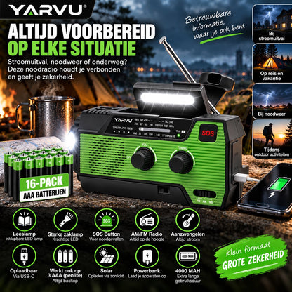 6-in-1 SOS Noodradio - Werkt op Penlite Batterijen - Inclusief 16 pack AAA -Opwindbaar + Zonne-energie – Bouwradio – Model 2025 – USB C + Noodradio – 4000mAh Ingebouwde Accu – Solar – FM/AM – Groen - NIEUW!