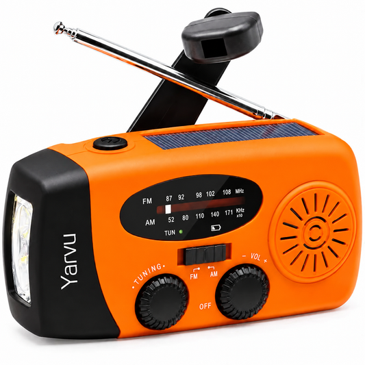 Yarvu ® – 6 IN 1 Noodradio – Opwindbaar + Zonneenergie + Nood Radio Op ingebouwde Batterijen ( Accu ) – Solar Noodpakket – Voor Rampen – Draagbare – FM AM Oranje – NIEUW!