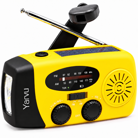 Yarvu ® – 6 IN 1 Noodradio – Opwindbaar + Zonneenergie + Nood Radio Op ingebouwde Batterijen ( Accu ) – Noodpakket – Solar – Voor Rampen – Draagbare – FM AM Geel – NIEUW!
