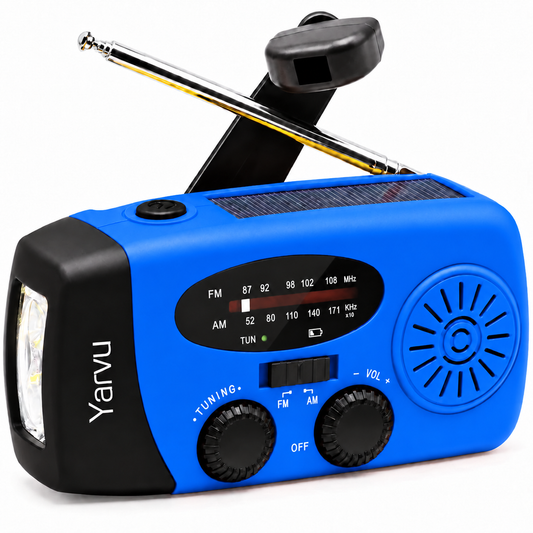 Yarvu ® – 6 IN 1 Noodradio – Opwindbaar + Zonneenergie + Nood Radio Op ingebouwde Batterijen ( Accu ) – Solar – Voor Rampen – Groothandel -Noodpakket Draagbare – FM AM Blauw – Nieuw!
