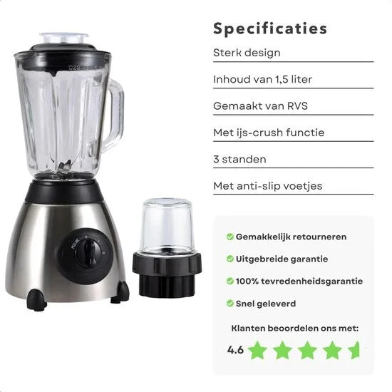 Royalty Line® 2 in 1 Blender + Grinder - Smoothie Maker Met 1.5 L Glazen Kan - Incl. Kruidenmaler - Smoothie Blender - BPA Vrij - 800W - 2 Snelheden + Pulse - RVS