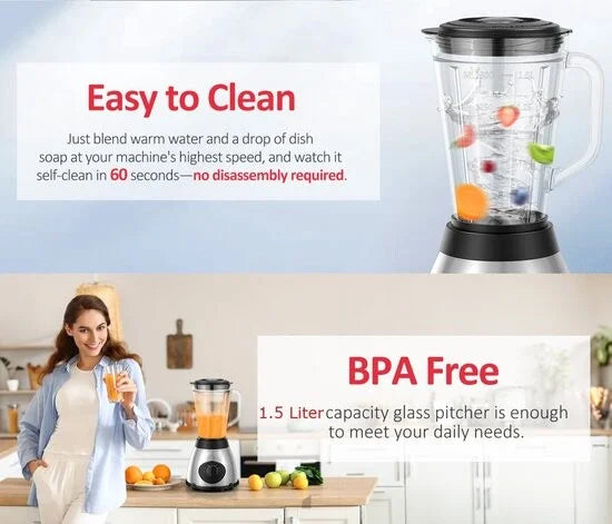 Royalty Line® 2 in 1 Blender + Grinder - Smoothie Maker Met 1.5 L Glazen Kan - Incl. Kruidenmaler - Smoothie Blender - BPA Vrij - 800W - 2 Snelheden + Pulse - RVS