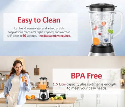 Royalty Line® 2 in 1 Blender + Grinder - Smoothie Maker Met 1.5 L Glazen Kan - Incl. Kruidenmaler - Smoothie Blender - BPA Vrij - 800W - 2 Snelheden + Pulse - RVS