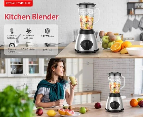 Royalty Line® 2 in 1 Blender + Grinder - Smoothie Maker Met 1.5 L Glazen Kan - Incl. Kruidenmaler - Smoothie Blender - BPA Vrij - 800W - 2 Snelheden + Pulse - RVS
