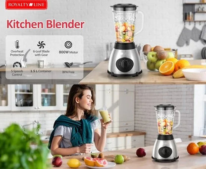 Royalty Line® 2 in 1 Blender + Grinder - Smoothie Maker Met 1.5 L Glazen Kan - Incl. Kruidenmaler - Smoothie Blender - BPA Vrij - 800W - 2 Snelheden + Pulse - RVS