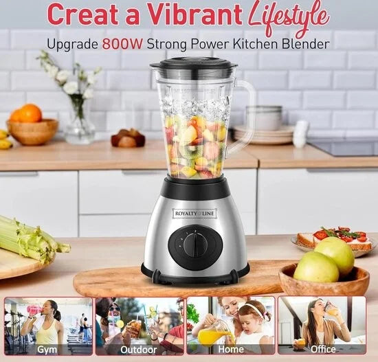 Royalty Line® 2 in 1 Blender + Grinder - Smoothie Maker Met 1.5 L Glazen Kan - Incl. Kruidenmaler - Smoothie Blender - BPA Vrij - 800W - 2 Snelheden + Pulse - RVS