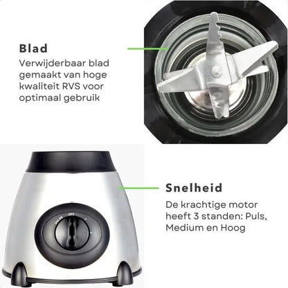 Royalty Line® 2 in 1 Blender + Grinder - Smoothie Maker Met 1.5 L Glazen Kan - Incl. Kruidenmaler - Smoothie Blender - BPA Vrij - 800W - 2 Snelheden + Pulse - RVS