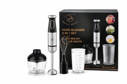 Royal Swiss 3-in-1 Staafmixer Set - 500W - Inclusief Hakmolen, Garde en Maatbeker - RVS