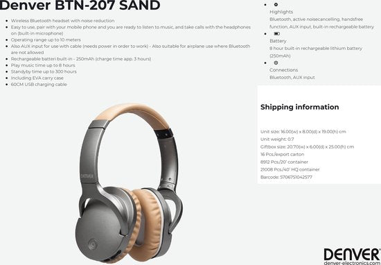 VERPAKKINGSSCHADE - Denver BTN-207 - Draadloze Over-ear koptelefoon - Beige Met Noice Canceling