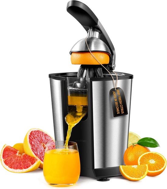 Royalty Line® CPE85 Citruspers Electrisch - Elektrische Sinaasappelpers Met Pershendel - Citroenpers Met 2 Perskegels - Fruitpers - RVS / Zwart