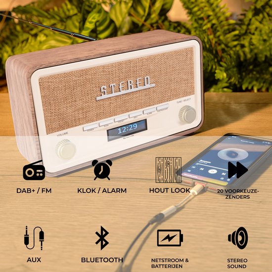 Denver DAB Radio - Retro Radio - Bluetooth - DAB+/ FM - Noodradio - Dimbaar - Batterijen & Netstroom - DAB18LW