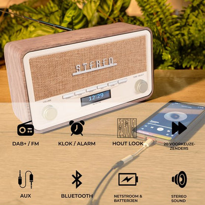 Denver DAB Radio - Retro Radio - Bluetooth - DAB+/ FM - Noodradio - Dimbaar - Batterijen & Netstroom - DAB18LW