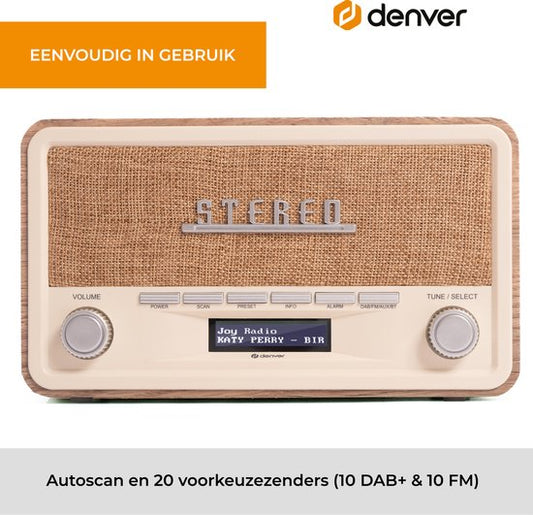 Denver DAB Radio - Retro Radio - Bluetooth - DAB+/ FM - Noodradio - Dimbaar - Batterijen & Netstroom - DAB18LW