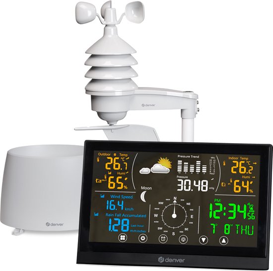 Denver Draadloos Weerstation - Professioneel - Inclusief 16 AAA + 16 AA Batterijen - Binnen en Buiten - 8 in 1 - Draadloze Buitensensor - Weersvoorspelling - Wind & Regen - Digitaal - Radiogestuurd