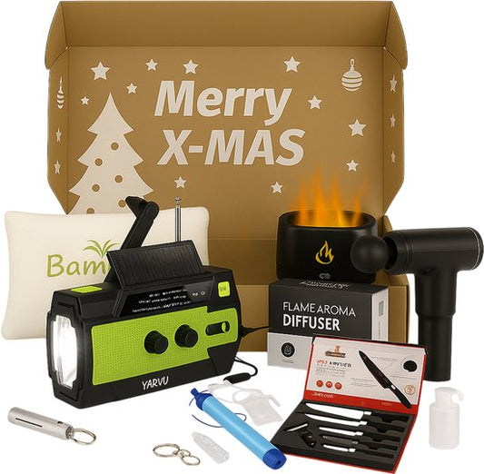 Kerstpakket – Excellence 2 – Noodradio 4000 mah – Noodfluit – Massagegun – Bamboo Kussen – Aroma Diffuser – Waterfilterset – Messenset – Kerst Pakket Merk