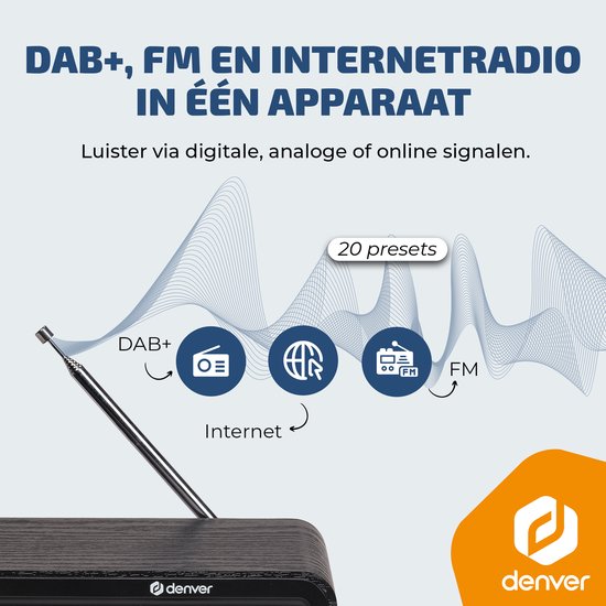 Denver 2 in 1 - DAB Internetradio - DAB - FM - Internetradio - Noodradio - Bluetooth - Alarmfunctie