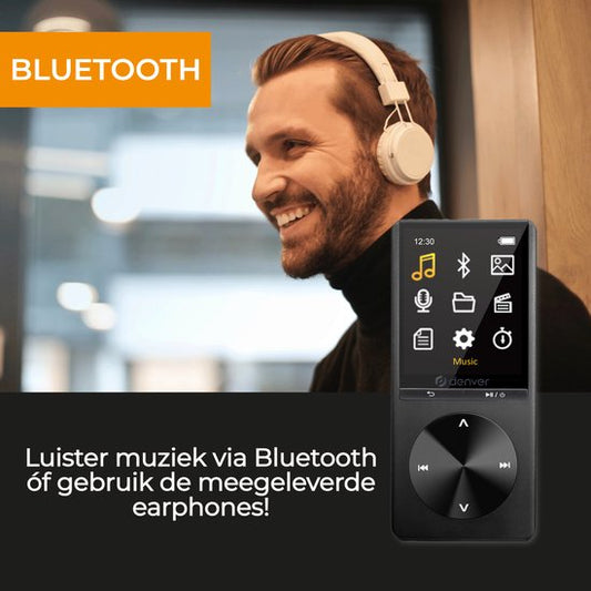 VERPAKKINGSSCHADE - Denver MP3 / MP4 Speler - Bluetooth - USB - Shuffle - SD kaart tot 128GB - Incl. Oordopjes - Voice recorder - Dictafoon - MP1820 - Zwart