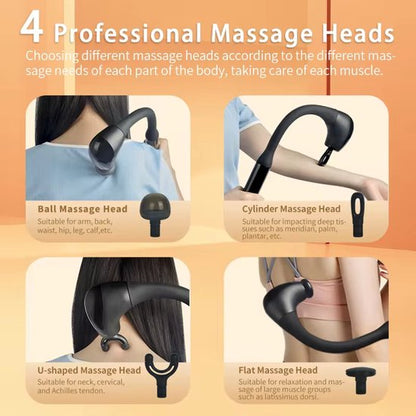 Yarvu -Massage Gun pistool – 2-in-1 Percussie Massagepistool – Draadloos Percussiemassageapparaat – Nek Rug Massage - Met 9 Snelheden – 4 Opzetstukken - Zwart