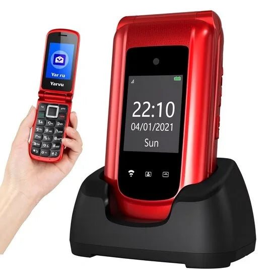 Yarvu ® – Flip 1 – 4G Senioren GSM + Extra Accu Geleverd + Oplaadstation – Dual Sim – Dual Scherm – Big Button Mobiele Telefoon – Grote Toetsen & Cijfers – SOS Knop – Mobiel – Ouderen – Rood – NIEUW!