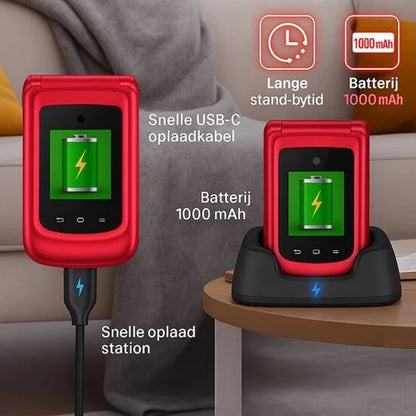 Yarvu ® – Flip 1 – 4G Senioren GSM + Extra Accu Geleverd + Oplaadstation – Dual Sim – Dual Scherm – Big Button Mobiele Telefoon – Grote Toetsen & Cijfers – SOS Knop – Mobiel – Ouderen – Rood – NIEUW!