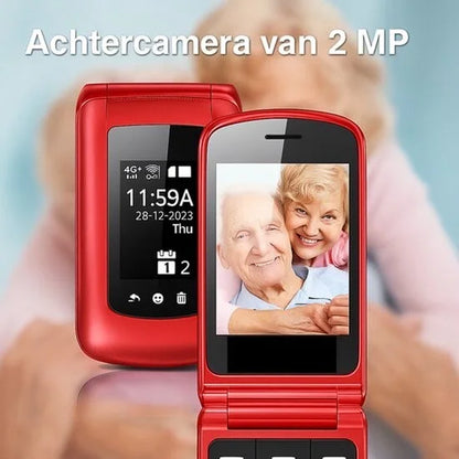 Yarvu ® – Flip 1 – 4G Senioren GSM + Extra Accu Geleverd + Oplaadstation – Dual Sim – Dual Scherm – Big Button Mobiele Telefoon – Grote Toetsen & Cijfers – SOS Knop – Mobiel – Ouderen – Rood – NIEUW!