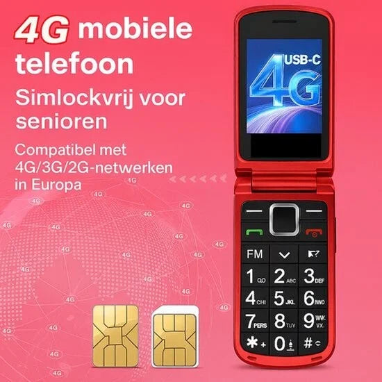 Yarvu ® – Flip 1 – 4G Senioren GSM + Extra Accu Geleverd + Oplaadstation – Dual Sim – Dual Scherm – Big Button Mobiele Telefoon – Grote Toetsen & Cijfers – SOS Knop – Mobiel – Ouderen – Rood – NIEUW!