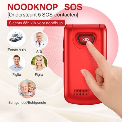 Yarvu ® – Flip 1 – 4G Senioren GSM + Extra Accu Geleverd + Oplaadstation – Dual Sim – Dual Scherm – Big Button Mobiele Telefoon – Grote Toetsen & Cijfers – SOS Knop – Mobiel – Ouderen – Rood – NIEUW!