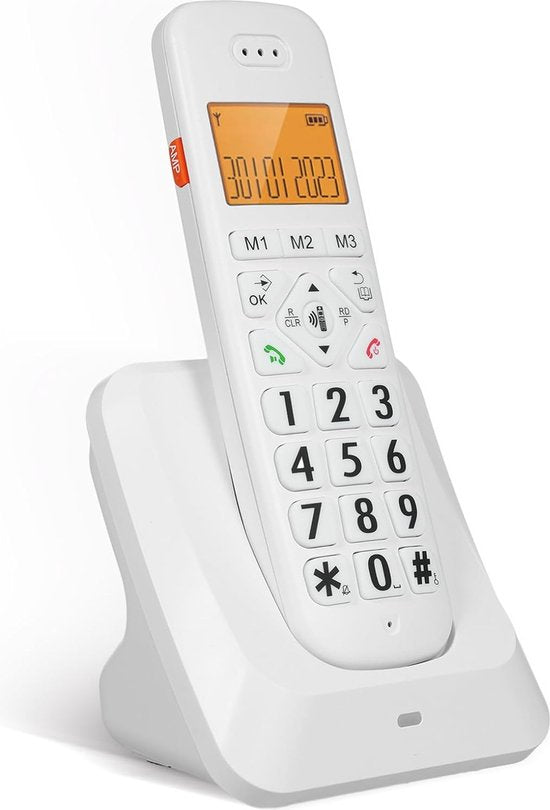 Senioren Dect Telefoon - Grote Toetsen & Cijfers & Letters - Huistelefoon - Huis Telefoon Vaste Lijn - Big Button - Speaker - Handsfree - Met Alarm Klok - Sneltoetsen - Voor Ouderen - Wit