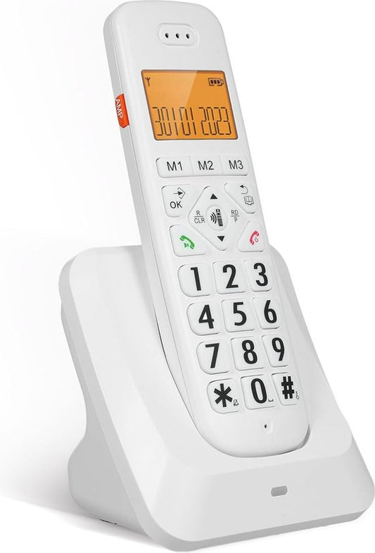 Senioren Dect Telefoon - Grote Toetsen & Cijfers & Letters - Huistelefoon - Huis Telefoon Vaste Lijn - Big Button - Speaker - Handsfree - Met Alarm Klok - Sneltoetsen - Voor Ouderen - Wit