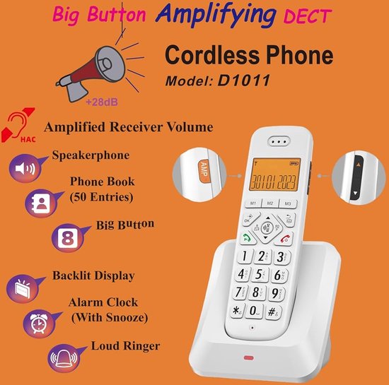 Senioren Dect Telefoon - Grote Toetsen & Cijfers & Letters - Huistelefoon - Huis Telefoon Vaste Lijn - Big Button - Speaker - Handsfree - Met Alarm Klok - Sneltoetsen - Voor Ouderen - Wit