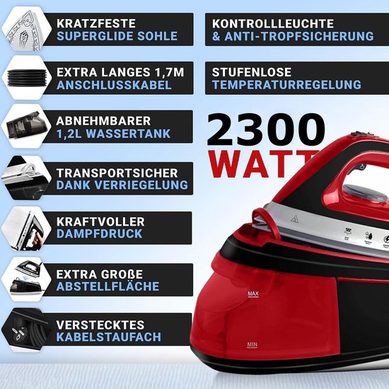 Royalty Line® DBST2300W Stoomstrijkijzer met Stoomgenerator - Strijkijzer - 2400W - Stoomstrijkijzers Met 1,2L Watertank - Iron - Keramische Zoolplaat - Rood