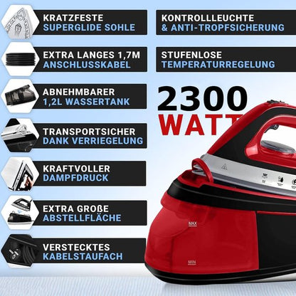 Royalty Line® DBST2300W Stoomstrijkijzer met Stoomgenerator - Strijkijzer - 2400W - Stoomstrijkijzers Met 1,2L Watertank - Iron - Keramische Zoolplaat - Rood