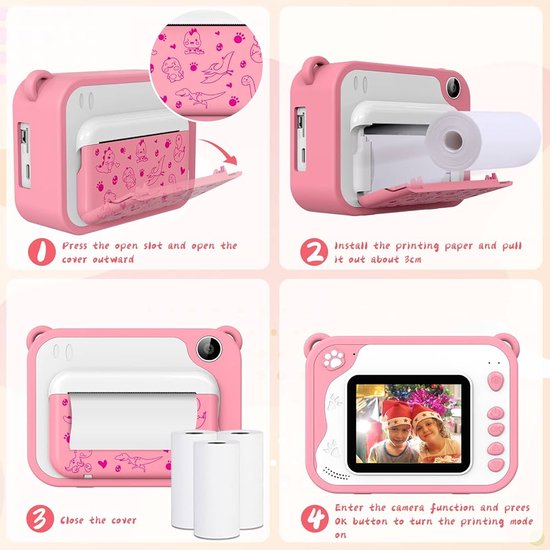 Yarvu ® - 3 IN 1 Digitale Kindercamera Met Printer + 32GB micro sd kaart - camera voor kinderen | Vlogcamera met Games Spelletjes| Fototoestel voor Kinderen | Met videofunctie - Kinder Camera - Instant Print - Roze kleur