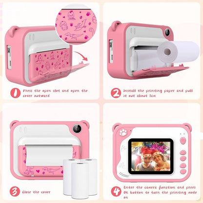 Yarvu ® - 3 IN 1 Digitale Kindercamera Met Printer + 32GB micro sd kaart - camera voor kinderen | Vlogcamera met Games Spelletjes| Fototoestel voor Kinderen | Met videofunctie - Kinder Camera - Instant Print - Roze kleur